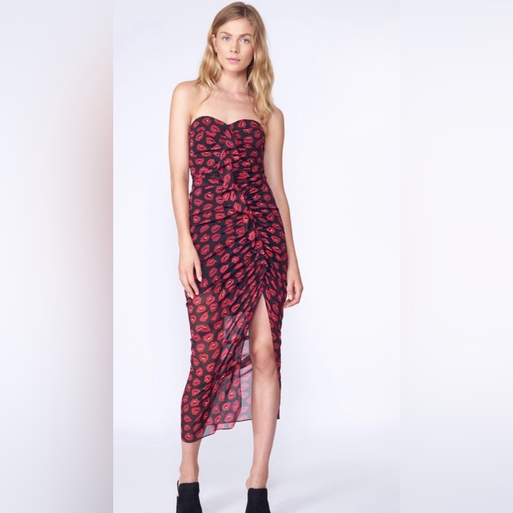 NWT O.P.T Red Mouth Tape Strapless Midi Dress Size Small